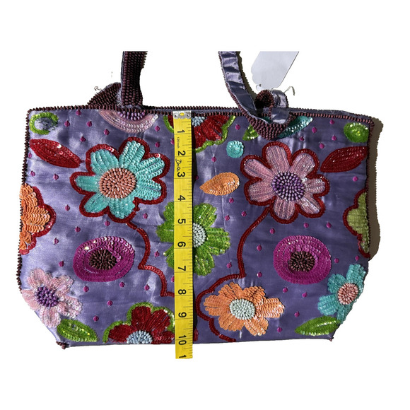 Handmade Floral Sequin Handbag Womens M Purple Satin Beaded Evening Purse Boho - Picture 10 of 10